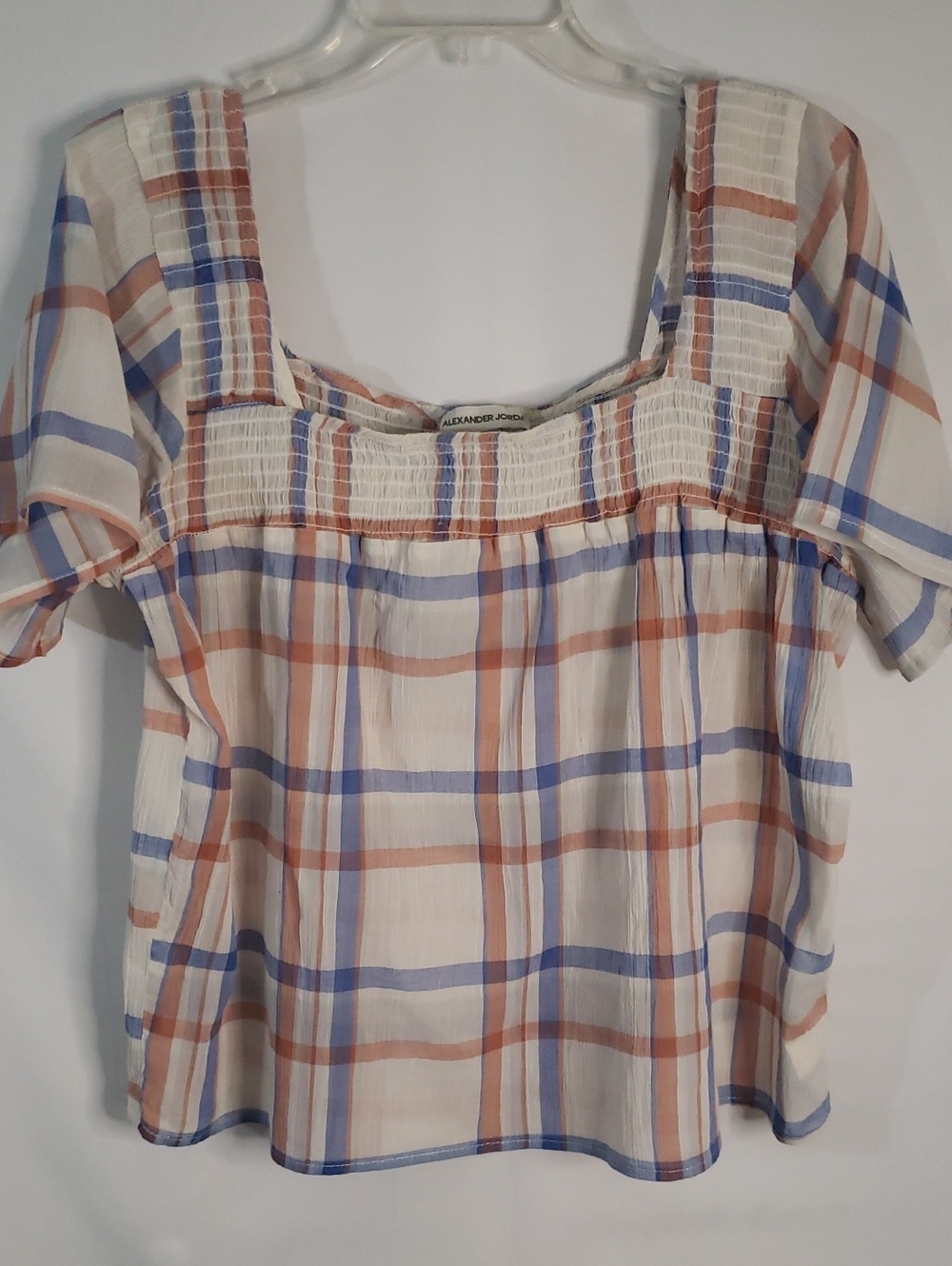 Alexander Jordan NWOT Cotton Plaid Smocked Square-Neck Top, Med